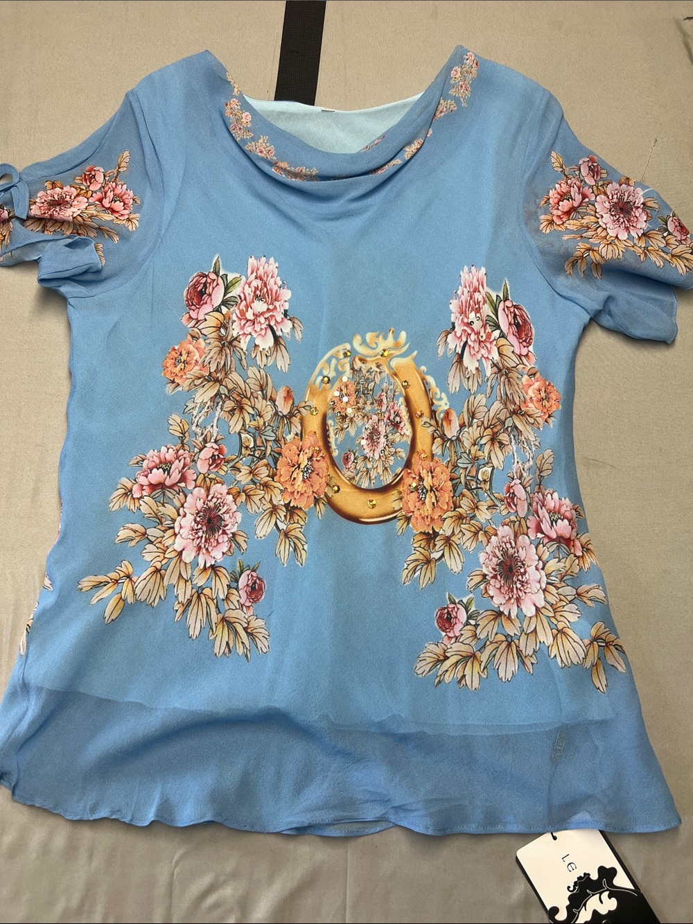 Le Ele Blue Floral Horseshoe Chiffon Cold Shoulder Blouse NWT